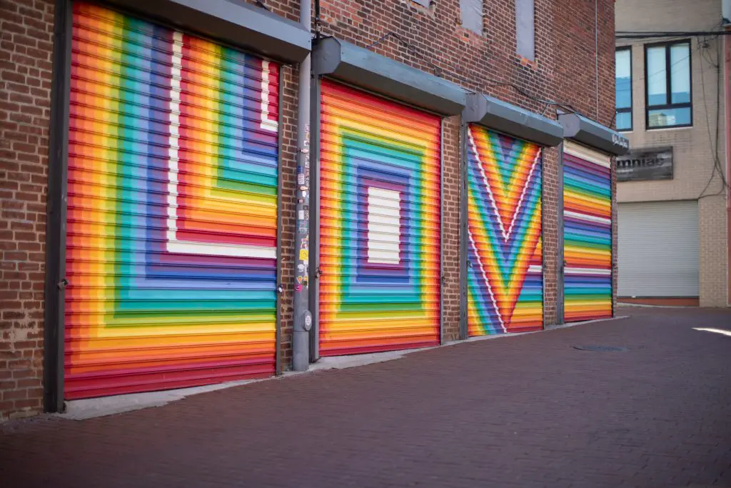 The rainbow painted LOVE on garage doors in Blagden Alley in DC. 