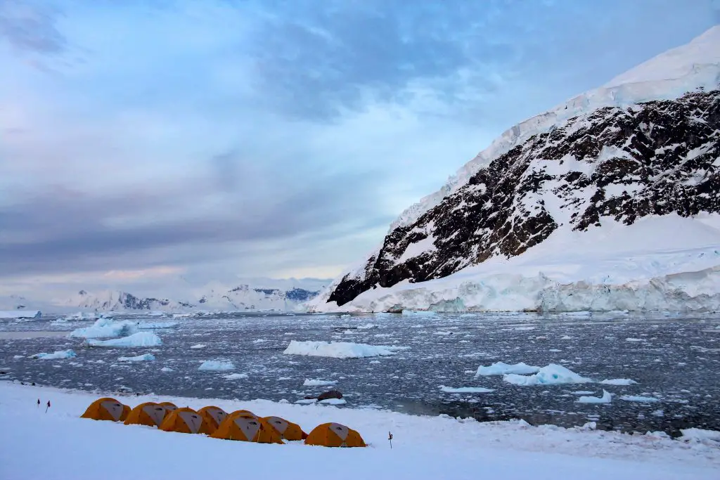 a group of yellow camping tents atop ice overlooking the ocean and a large snowcapped mountain