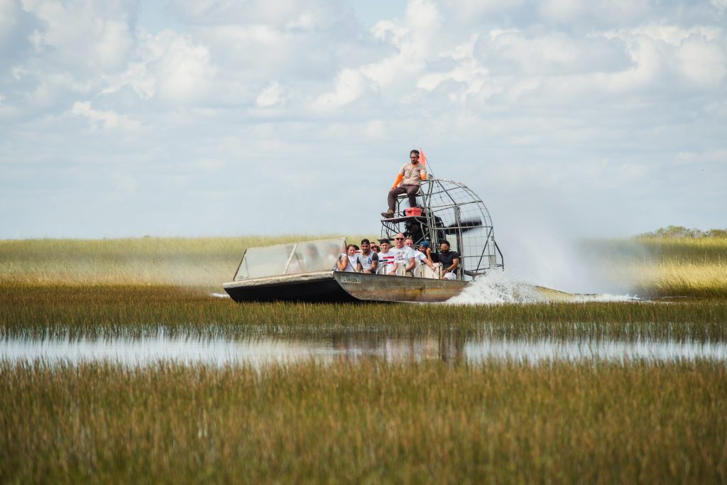 people aboard an airboat speeding through the water of the Everglades