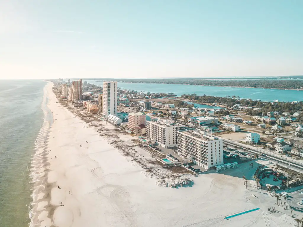 Aerial view of the Gulf Coast of Alabama buildings and beach