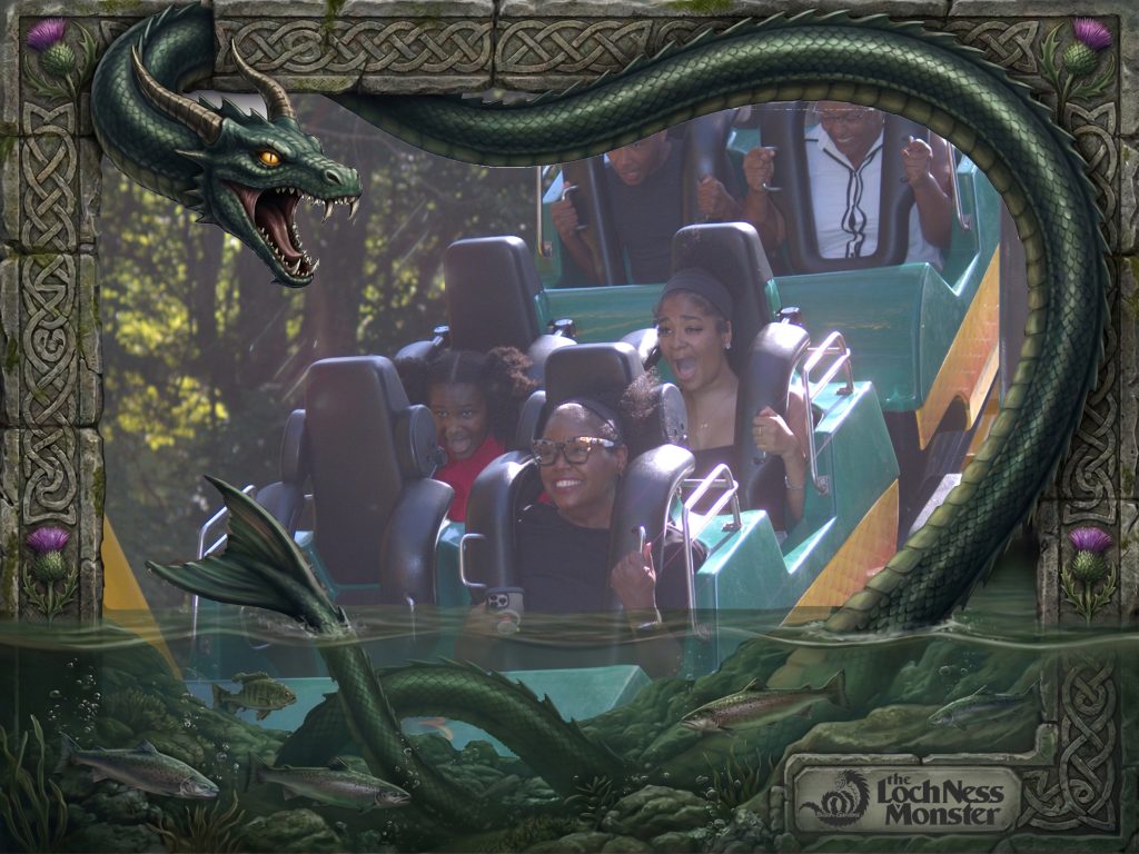 roller coaster pic of family coming down the drop on the coaster